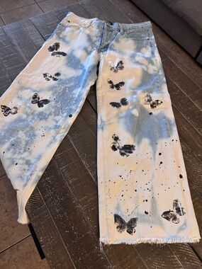 BDG Blue & White Tie-Dye Wide Leg Jeans with Black Butterfly Art